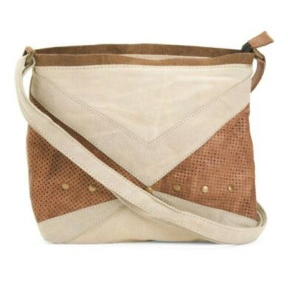 Mona B Upcycled Canvas and Leather Prism Shoulder Bag Eco Friendly Recycled - Picture 2 of 5